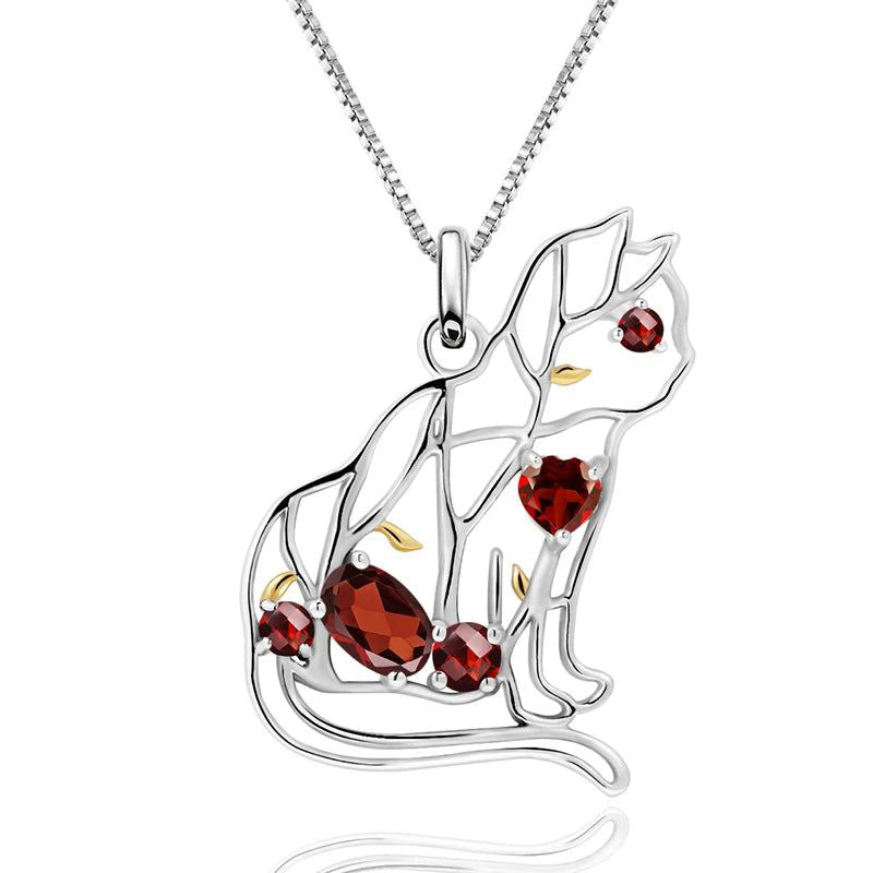 Natural Red Garnet Gemstone 925 Silver Cat Pendant Necklace