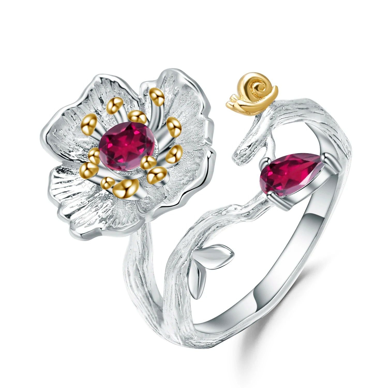 Natural Rhodolite Garnet Ring 925 Sterling Silver Handmade Blooming Poppies Flower Rings for Women Fine Jewelry