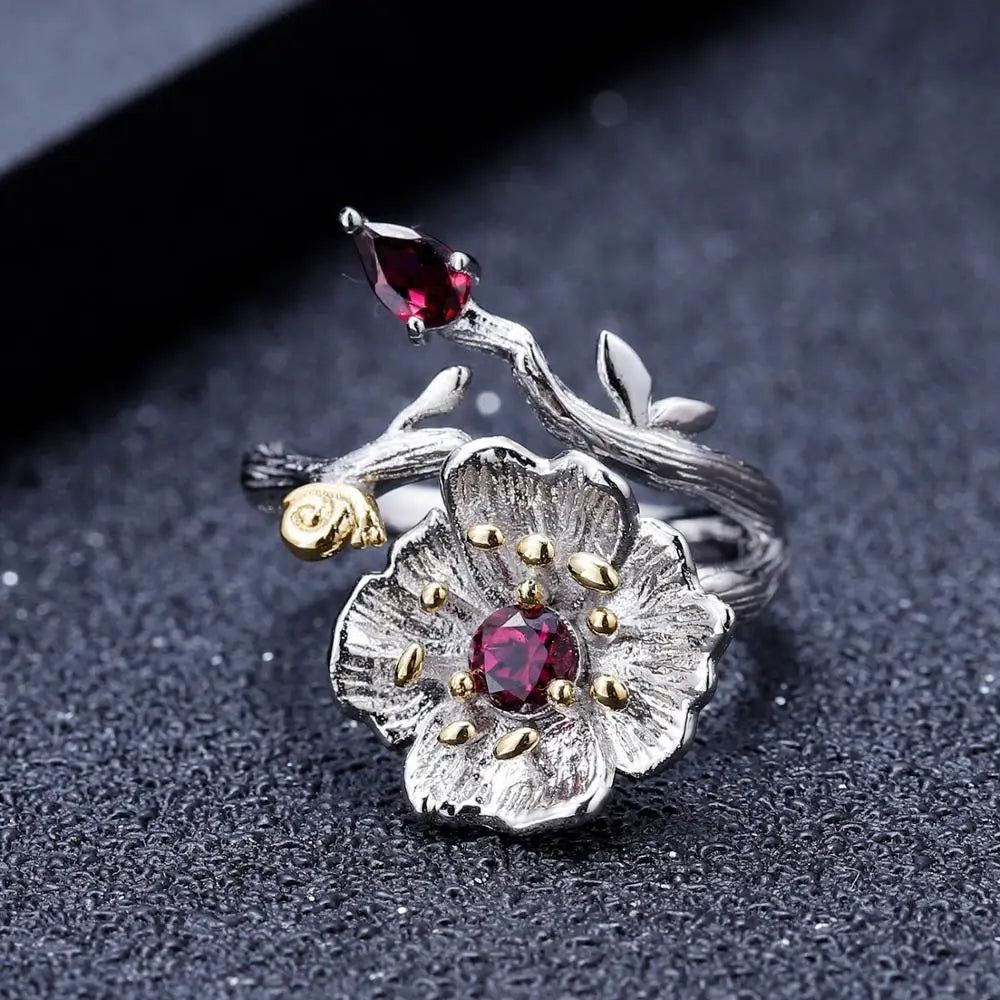 Natural Rhodolite Garnet Ring 925 Sterling Silver Handmade Blooming Poppies Flower Rings for Women Fine Jewelry