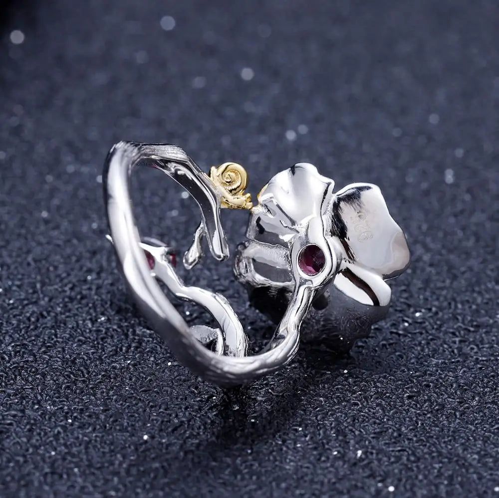 Natural Rhodolite Garnet Ring 925 Sterling Silver Handmade Blooming Poppies Flower Rings for Women Fine Jewelry