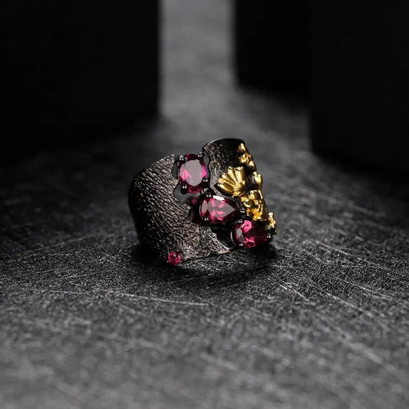 Natural Rhodolite Garnet Rings 925 Sterling Silver Floral Band