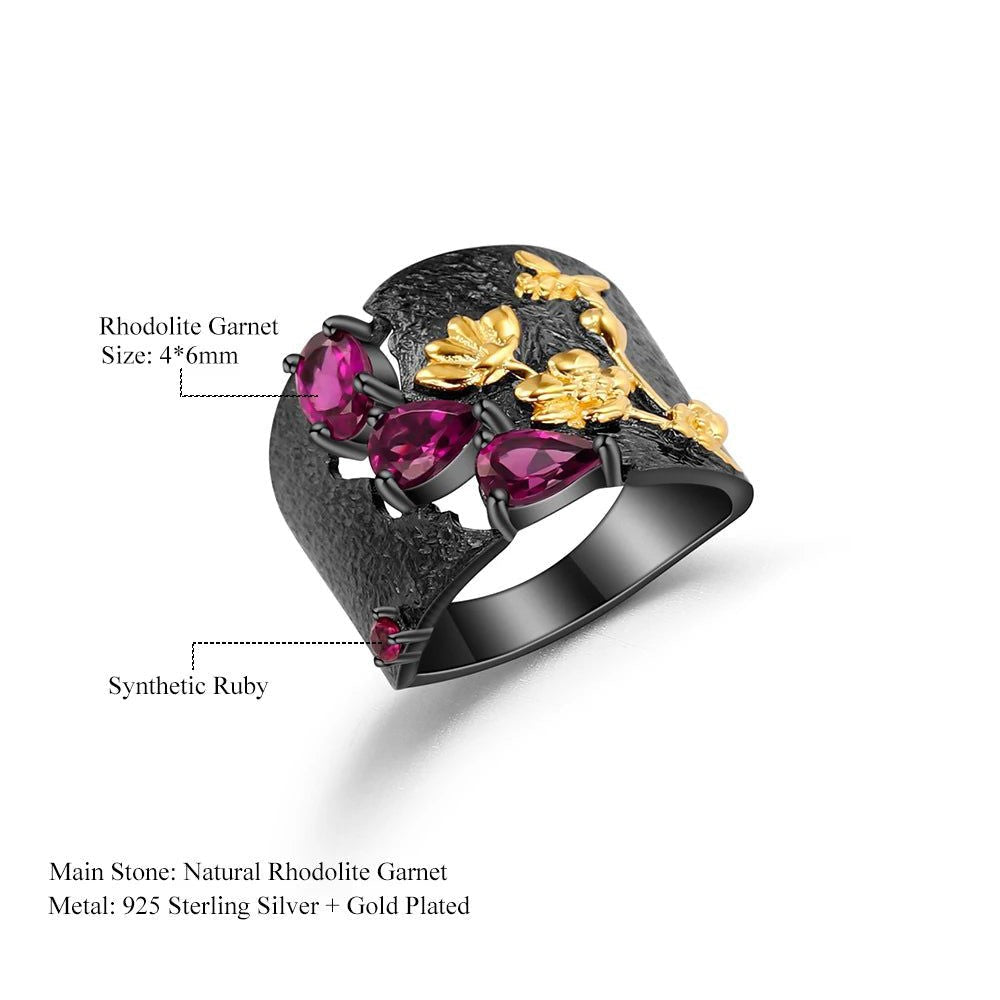 Natural Rhodolite Garnet Rings 925 Sterling Silver Floral Band