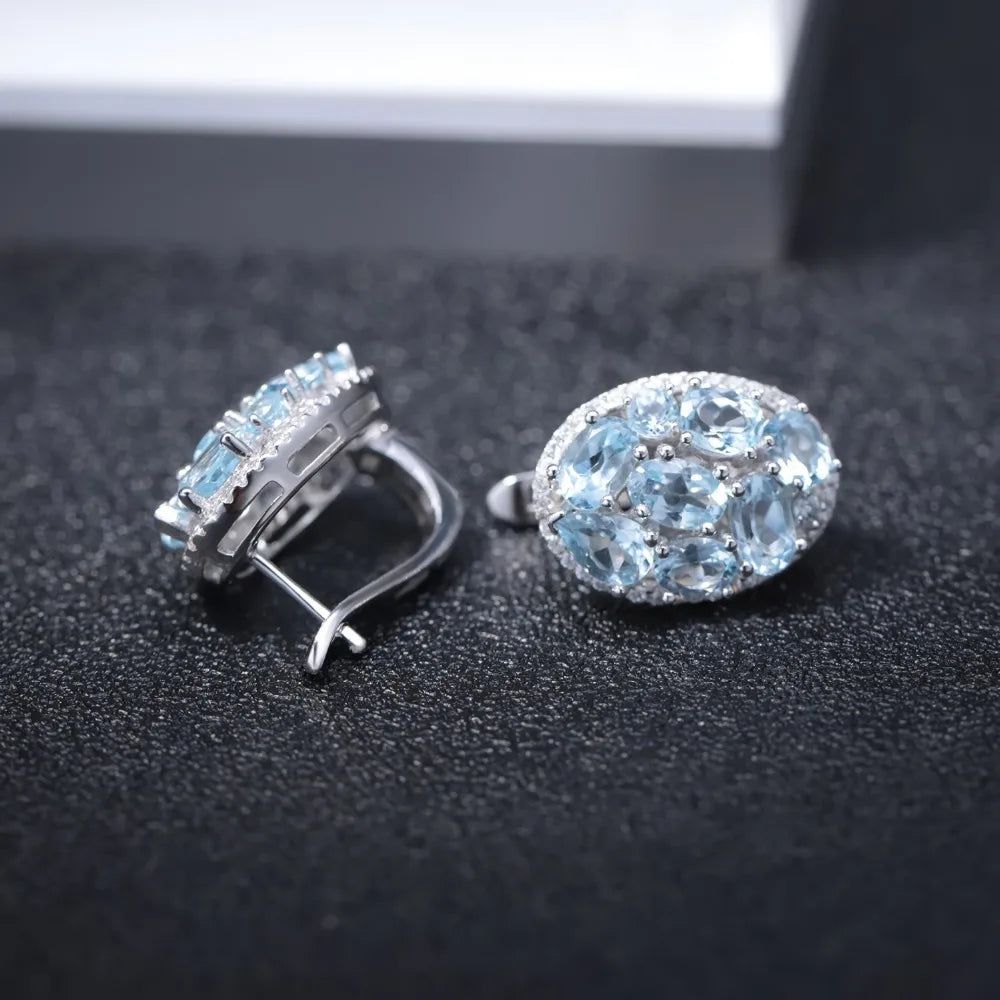 Natural Sky Blue Topaz 925 Sterling Silver Clip Earrings