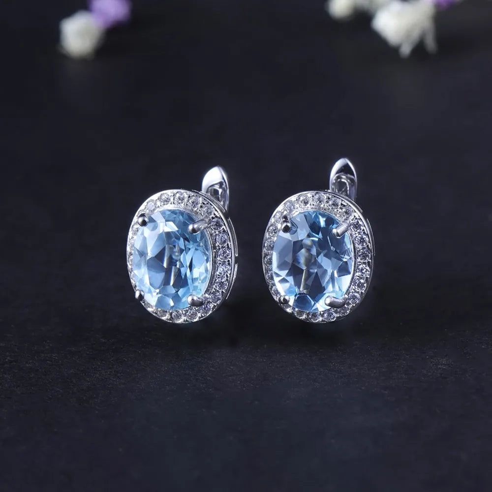 Natural Sky Blue Topaz Gemstone Classic Stud Earrings 925