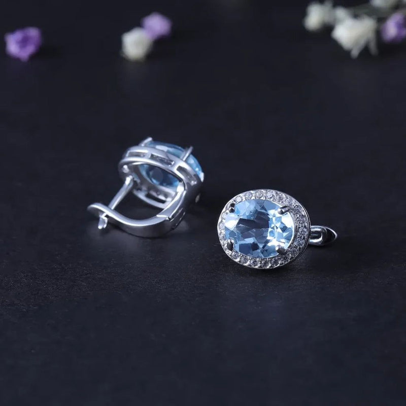 Natural Sky Blue Topaz Gemstone Classic Stud Earrings 925