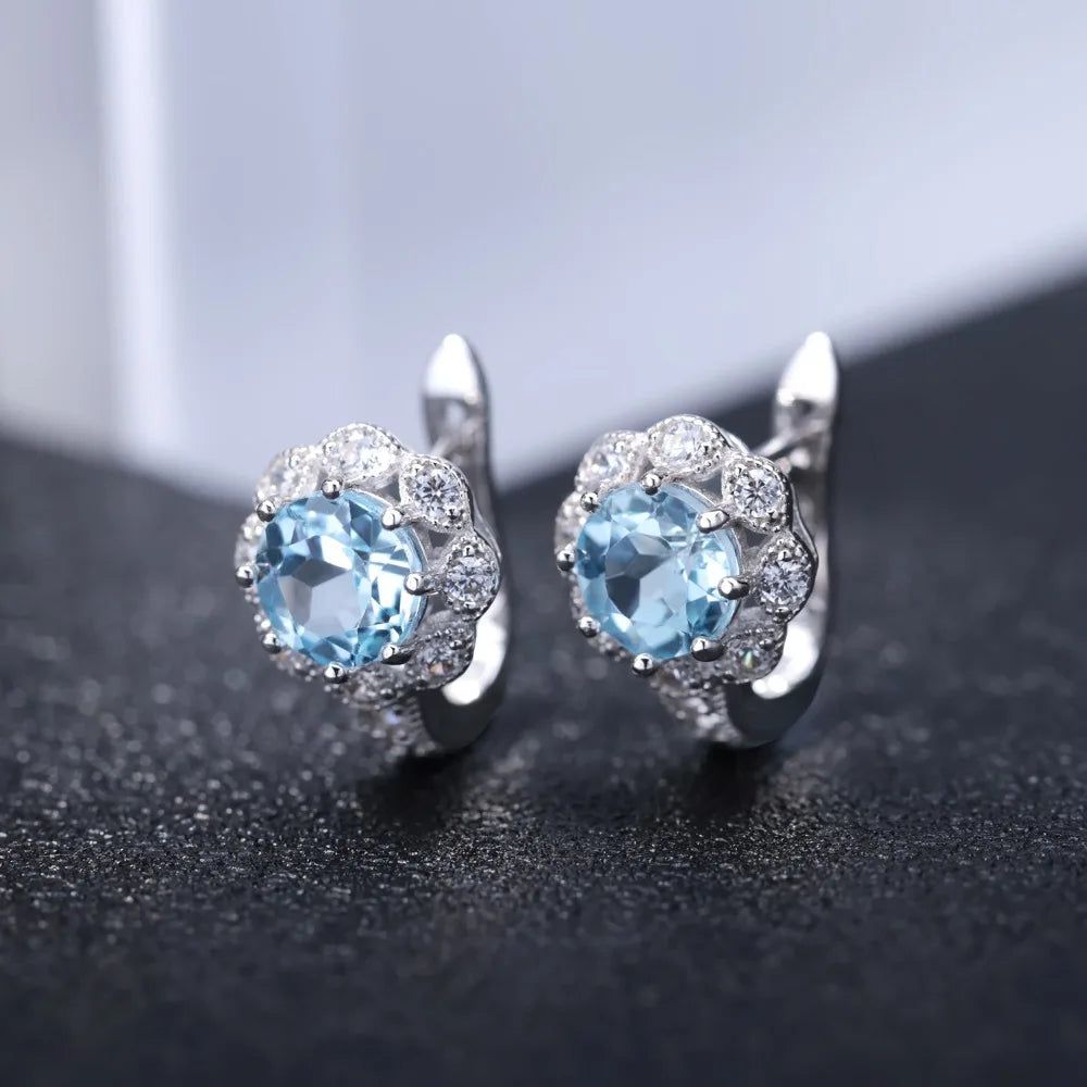 Natural Sky Blue Topaz Gemstone Earrings 925 Sterling Silver