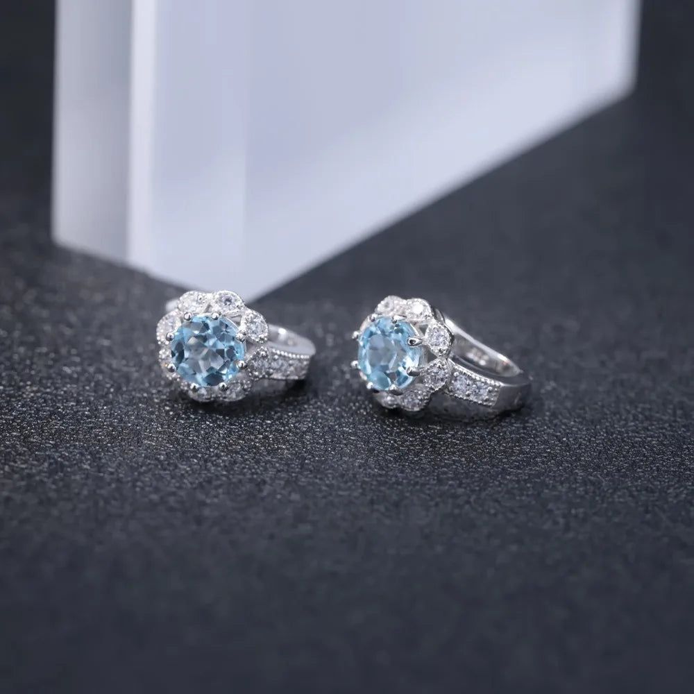 Natural Sky Blue Topaz Gemstone Earrings 925 Sterling Silver