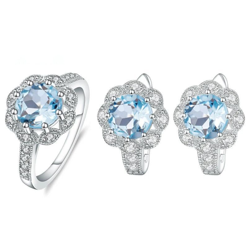 Natural Sky Blue Topaz Snowflake Rings Earrings Set