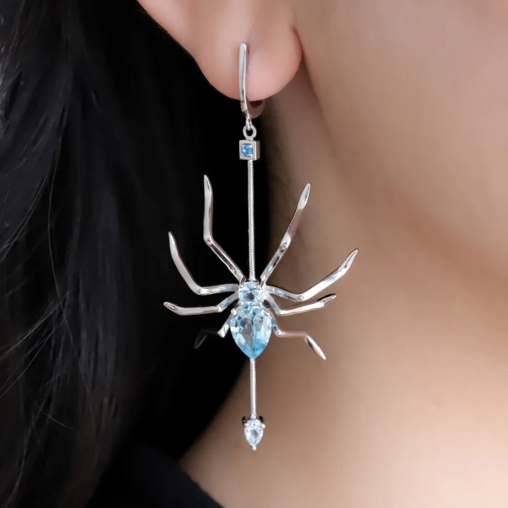 Natural Sky Blue Topaz Spider Earrings 925 Sterling Silver