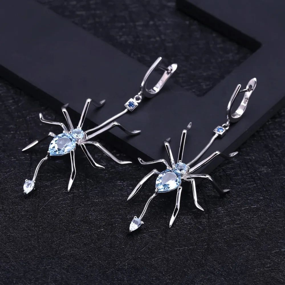 Natural Sky Blue Topaz Spider Earrings 925 Sterling Silver