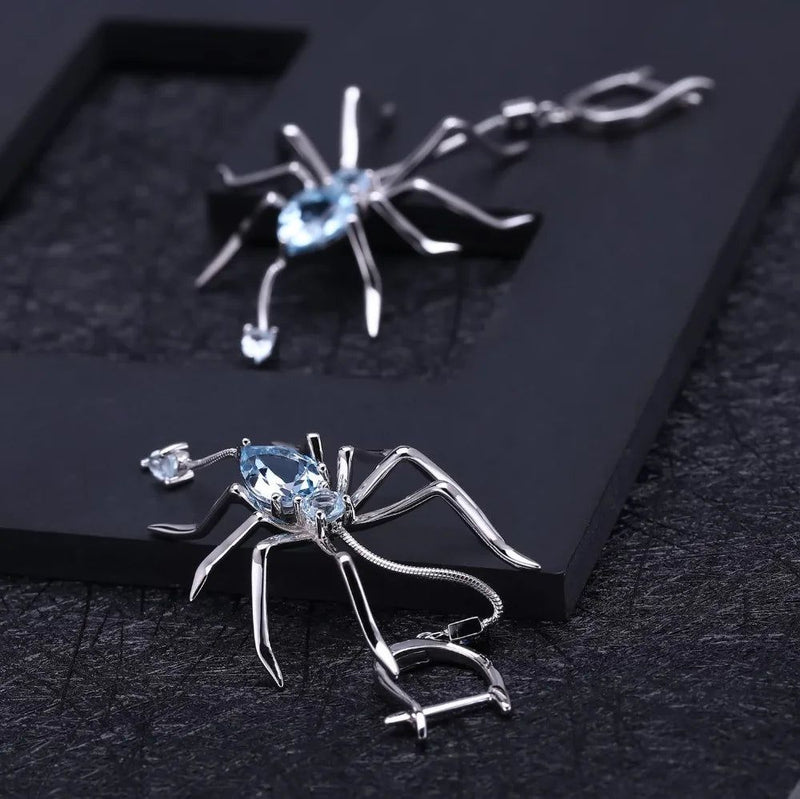 Natural Sky Blue Topaz Spider Earrings 925 Sterling Silver