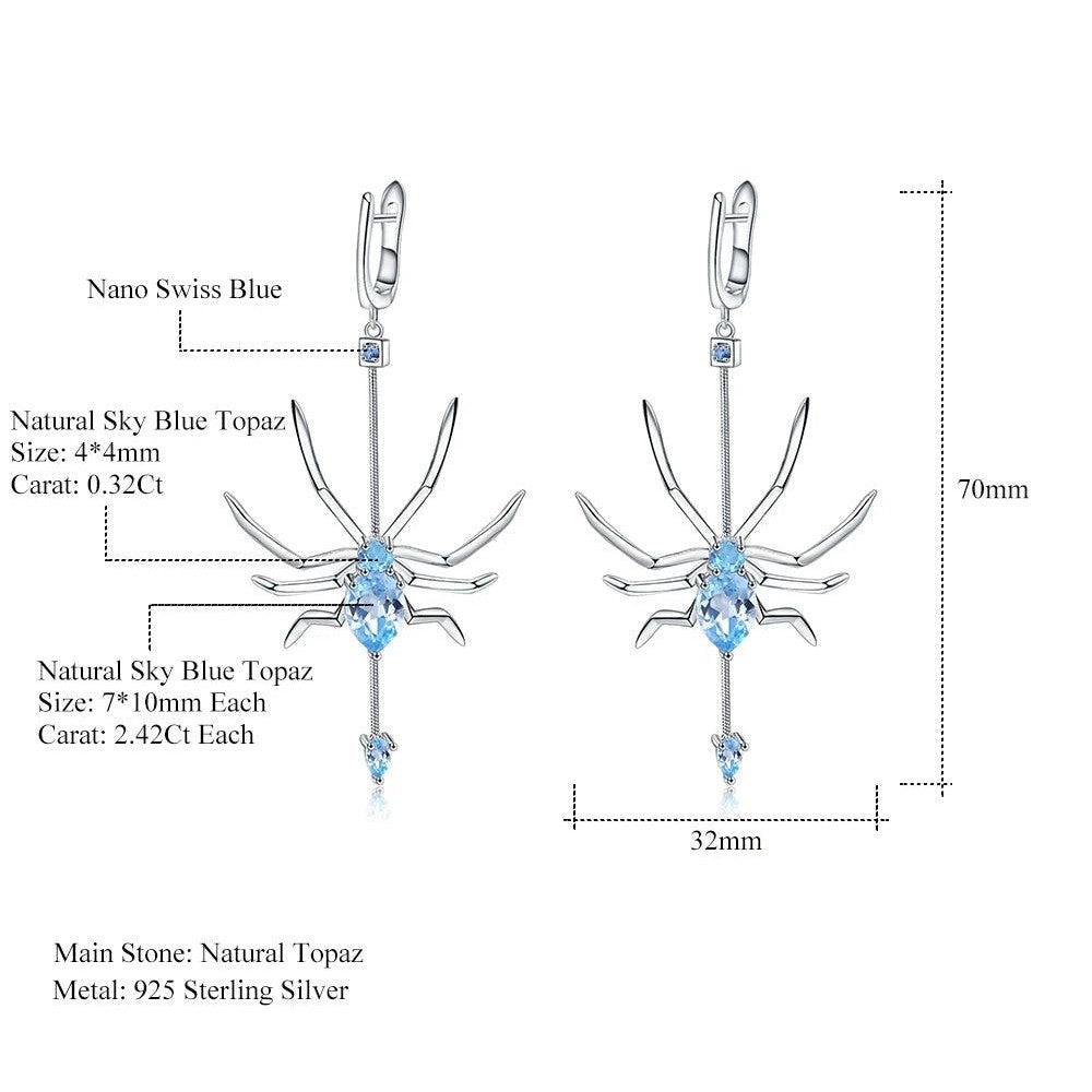 Natural Sky Blue Topaz Spider Earrings 925 Sterling Silver