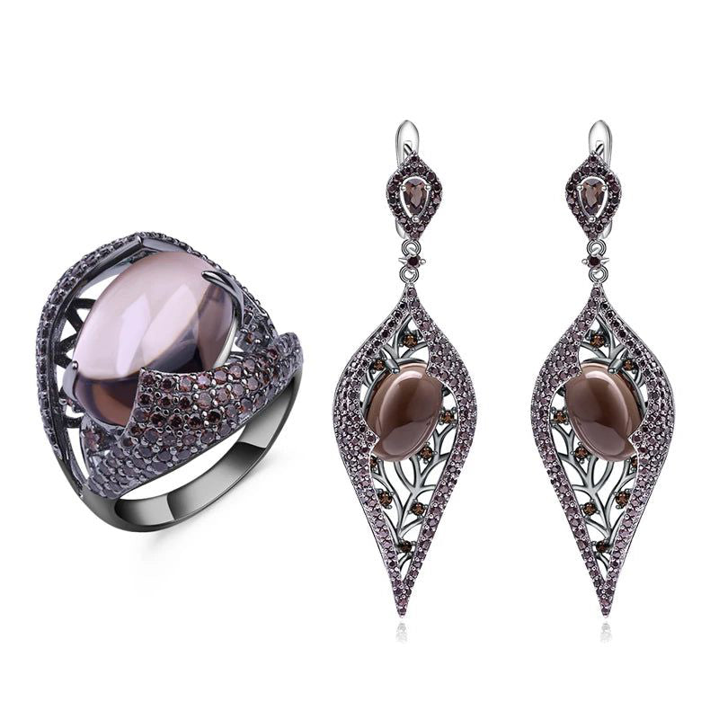 Natural Smoky Quartz Gothic Punk Jewelry Set 925 Silver