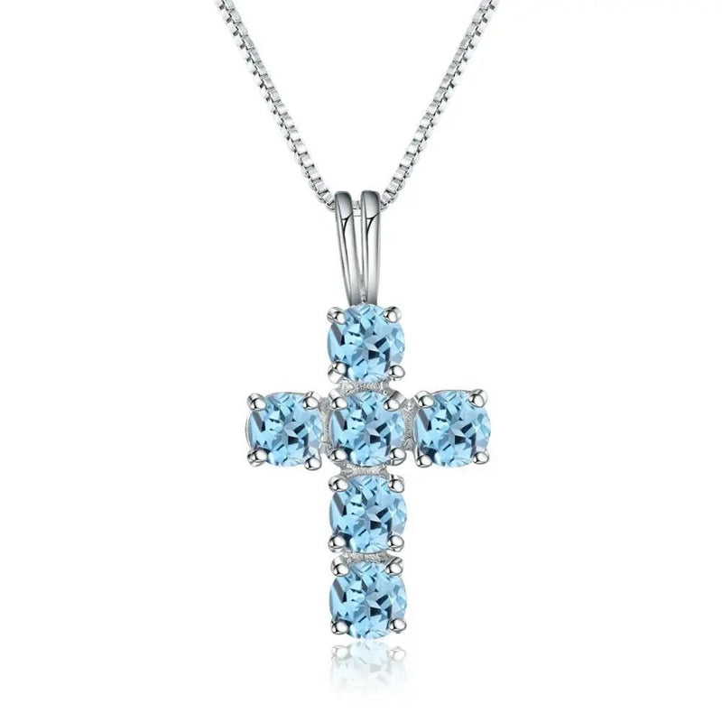 Natural Swiss Blue Topaz Cross Pendant Necklace