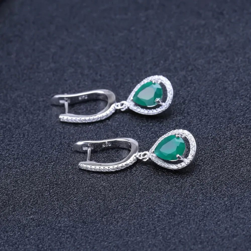 Natural Water Drop Green Agate Gemstone Earrings 925 Sterling Silver Vintage