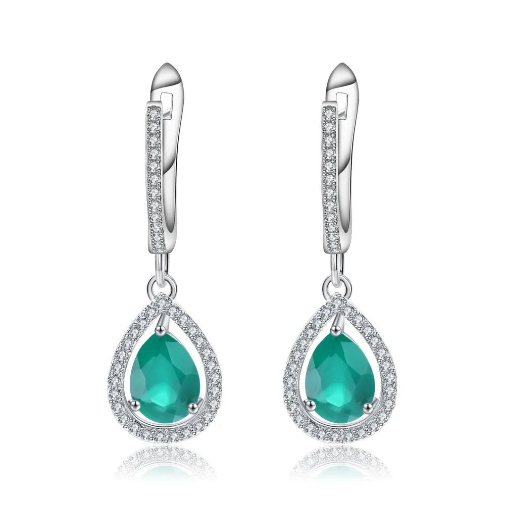 Natural Water Drop Green Agate Gemstone Earrings 925 Sterling Silver Vintage