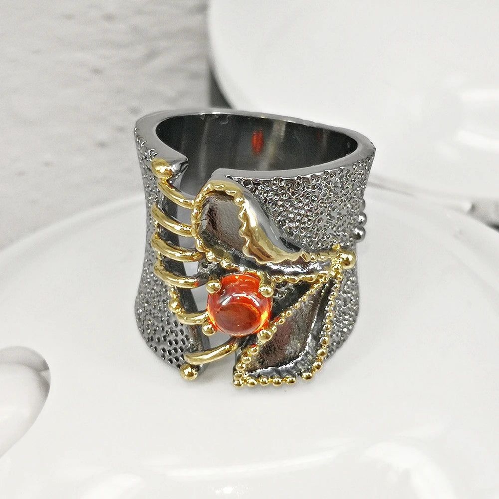 Neo-Gothic Baroque Fissure Ring in Black Gold with Coral-Orange Zircon Accent