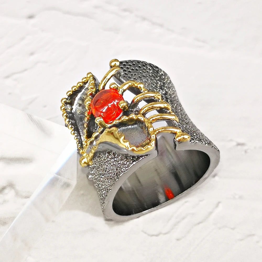 Neo-Gothic Baroque Fissure Ring in Black Gold with Coral-Orange Zircon Accent