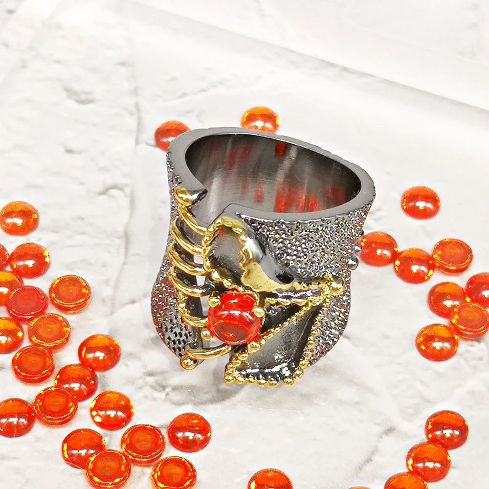 Neo-Gothic Baroque Fissure Ring in Black Gold with Coral-Orange Zircon Accent