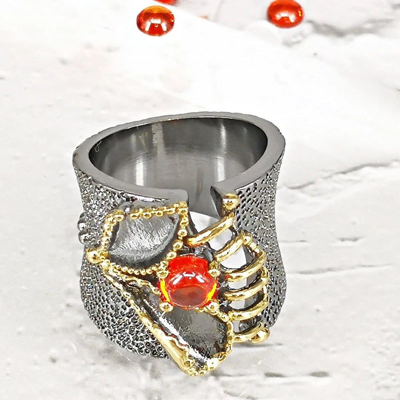 Neo-Gothic Baroque Fissure Ring in Black Gold with Coral-Orange Zircon Accent