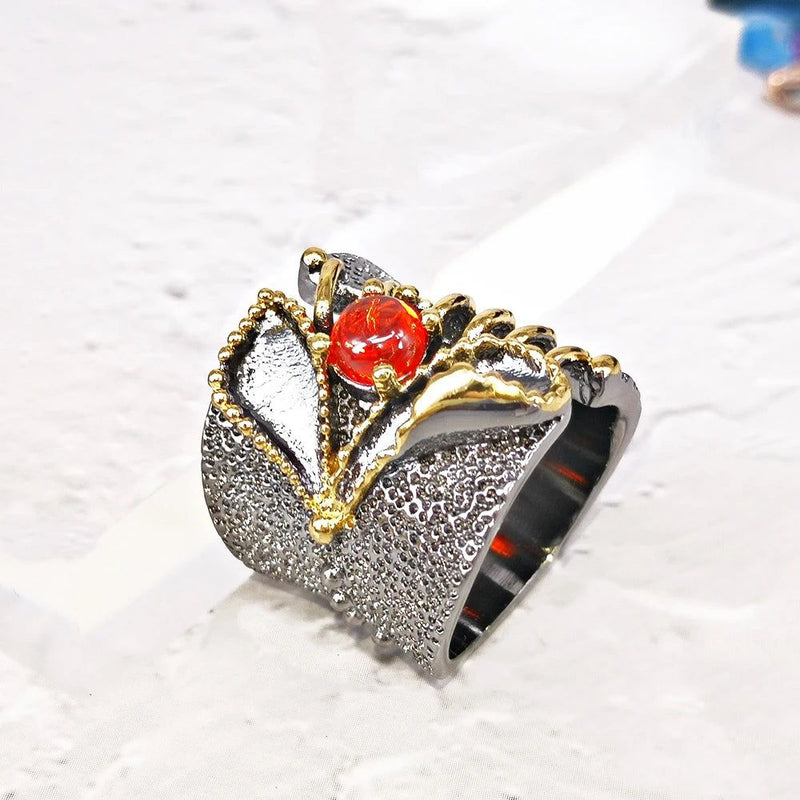 Neo-Gothic Baroque Fissure Ring in Black Gold with Coral-Orange Zircon Accent