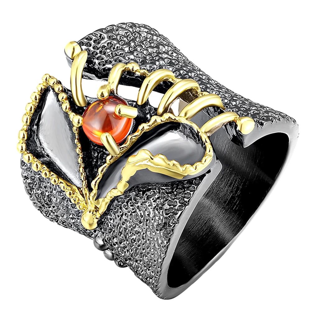 Neo-Gothic Baroque Fissure Ring in Black Gold with Coral-Orange Zircon Accent