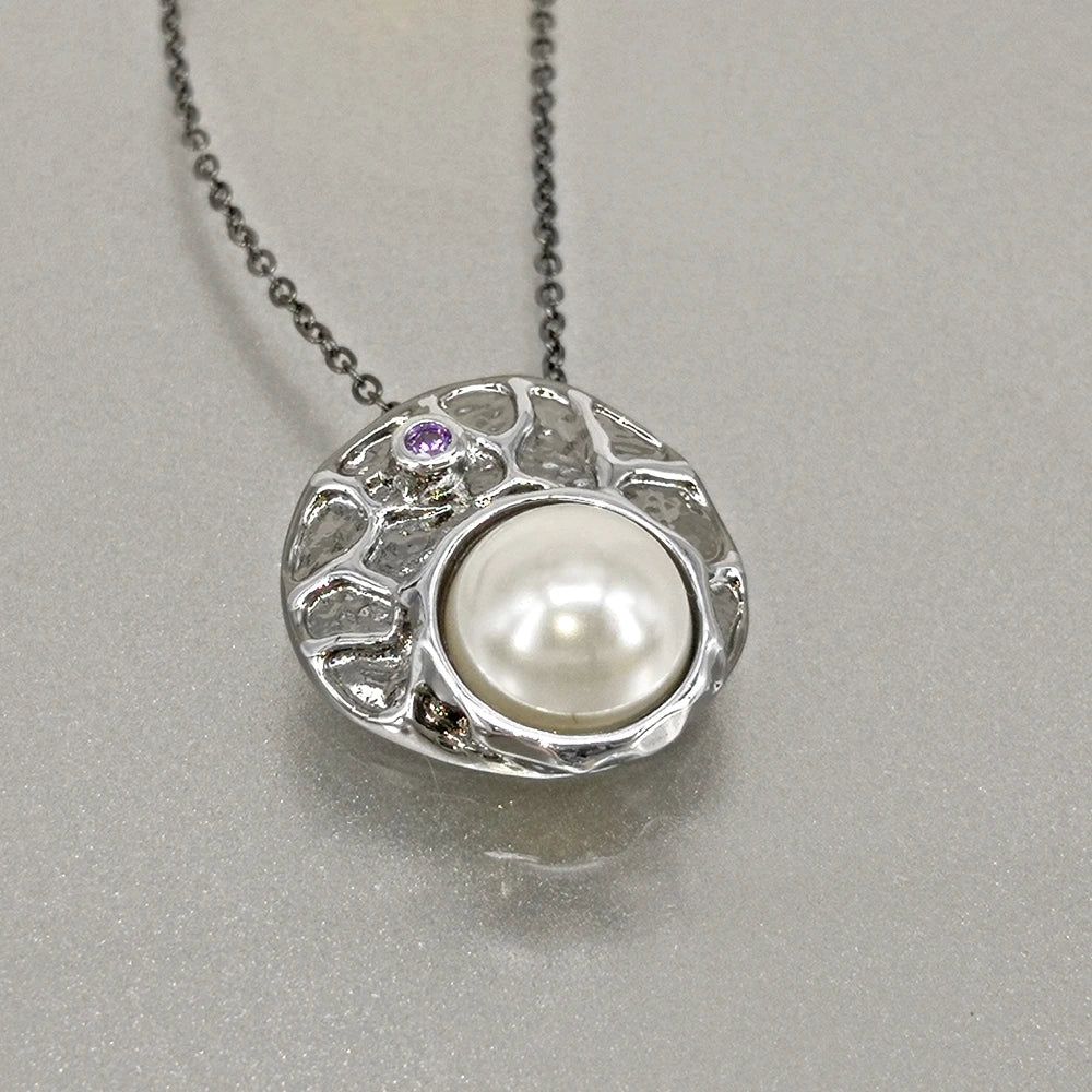 Neo-Gothic Pearl & Zirconia Pendant Necklace with Antique Charm