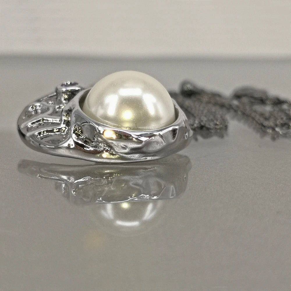 Neo-Gothic Pearl & Zirconia Pendant Necklace with Antique Charm