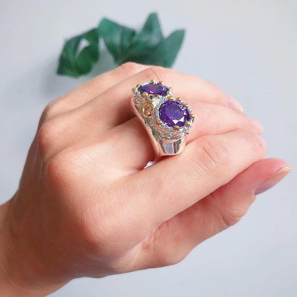 Neo-Gothic Purple Zircon Owl Cocktail Ring with Two-Tone Finish