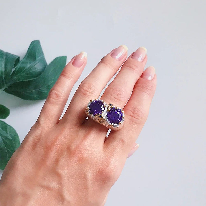 Neo-Gothic Purple Zircon Owl Cocktail Ring with Two-Tone Finish