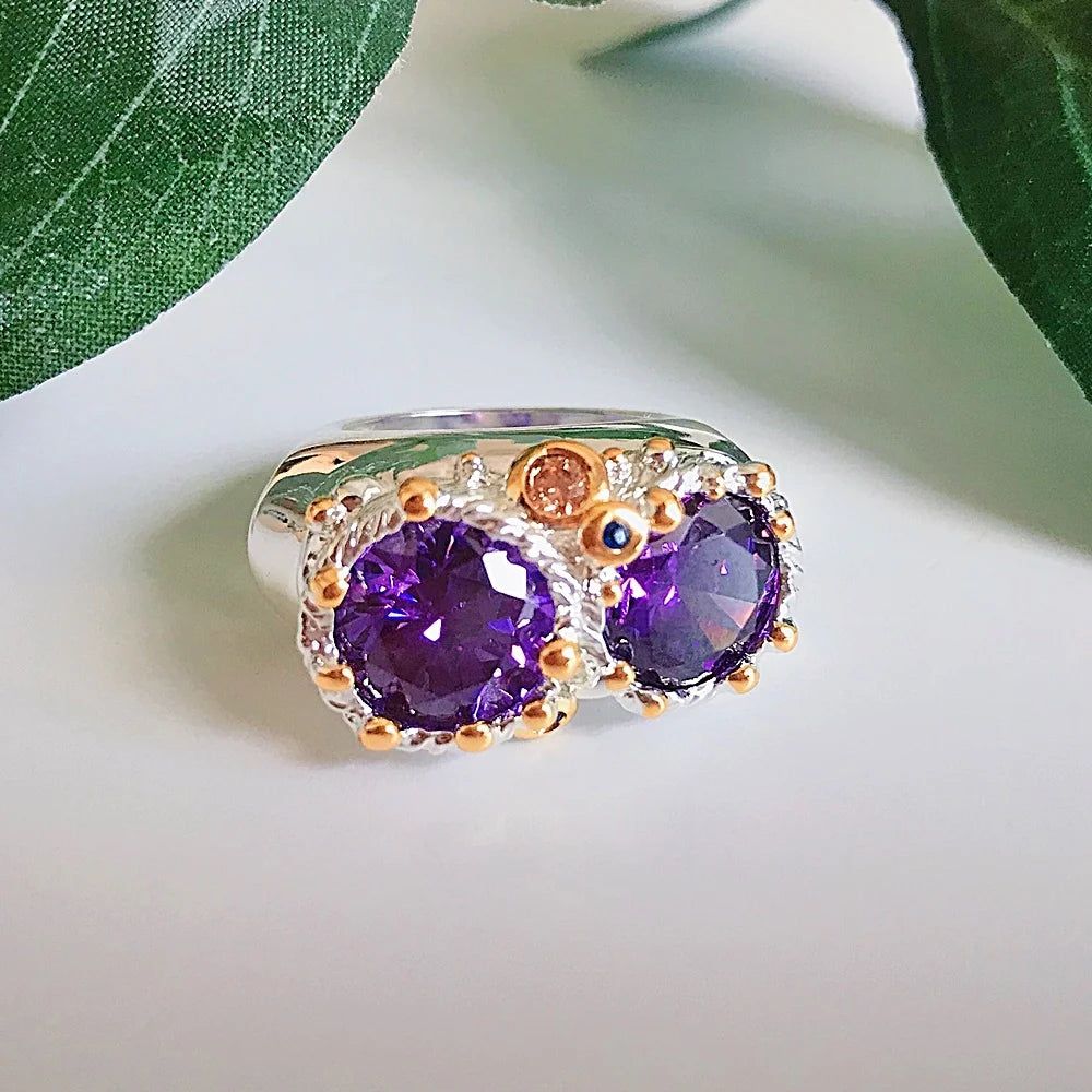 Neo-Gothic Purple Zircon Owl Cocktail Ring with Two-Tone Finish