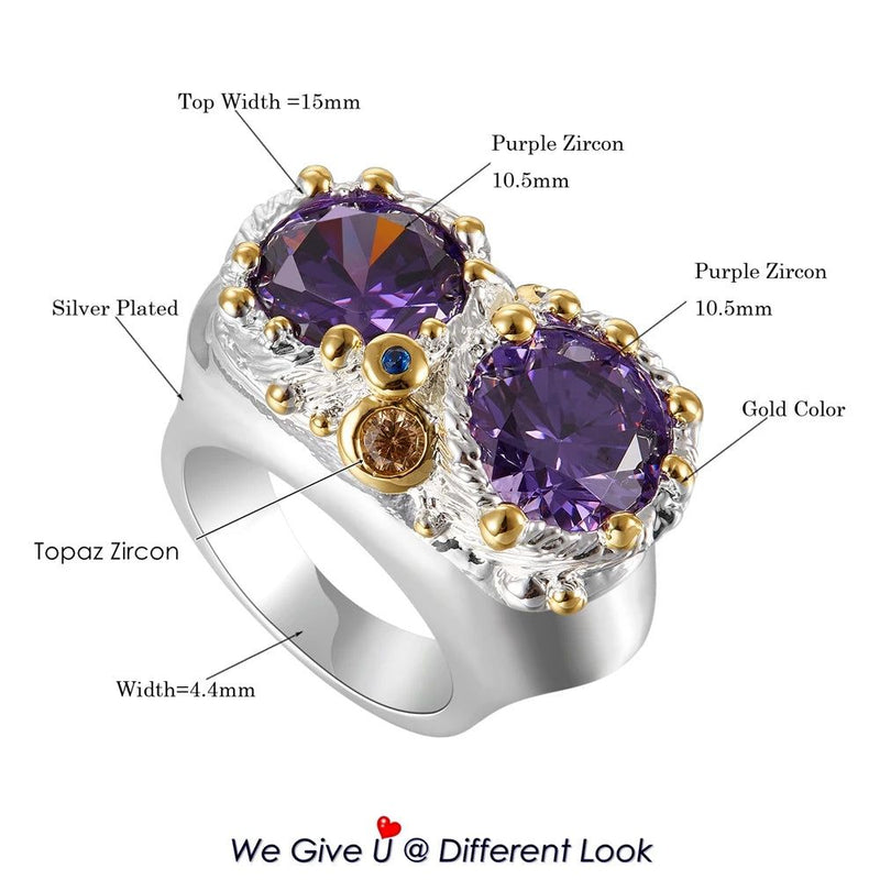 Neo-Gothic Purple Zircon Owl Cocktail Ring with Two-Tone Finish