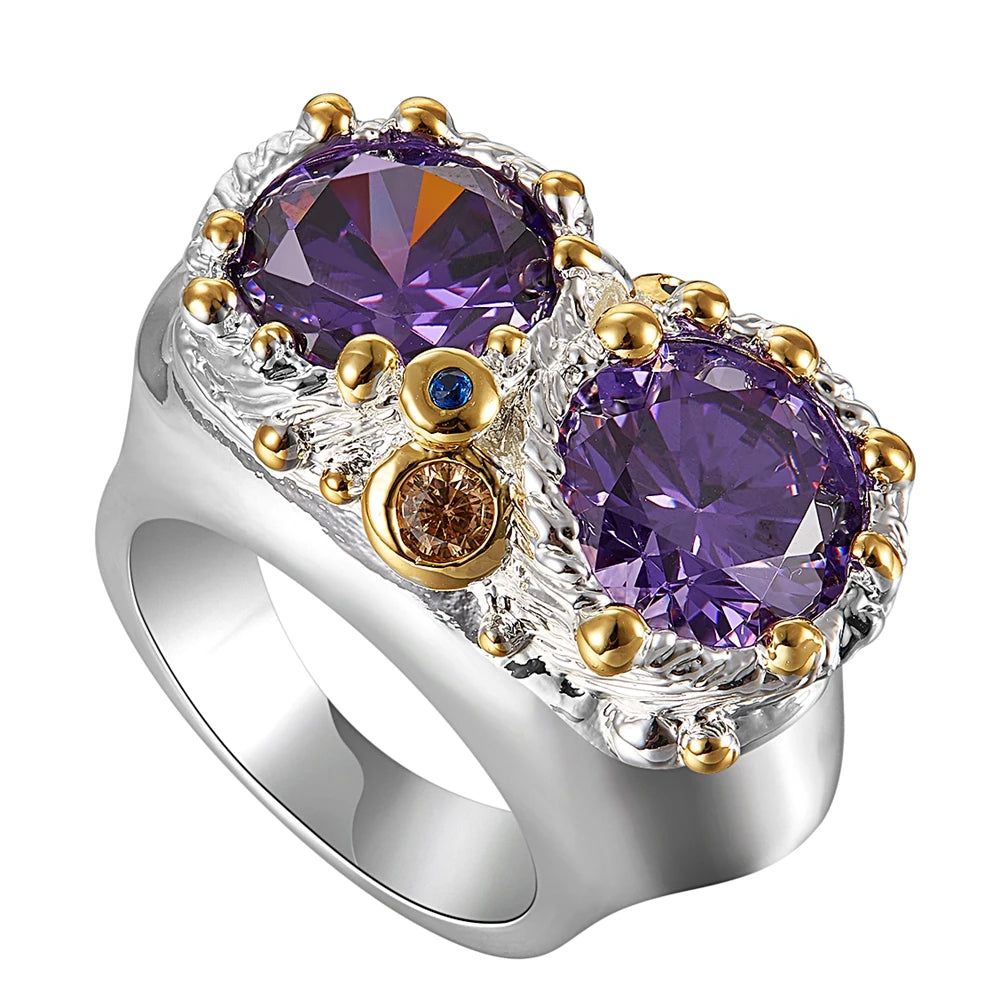 Neo-Gothic Purple Zircon Owl Cocktail Ring with Two-Tone Finish