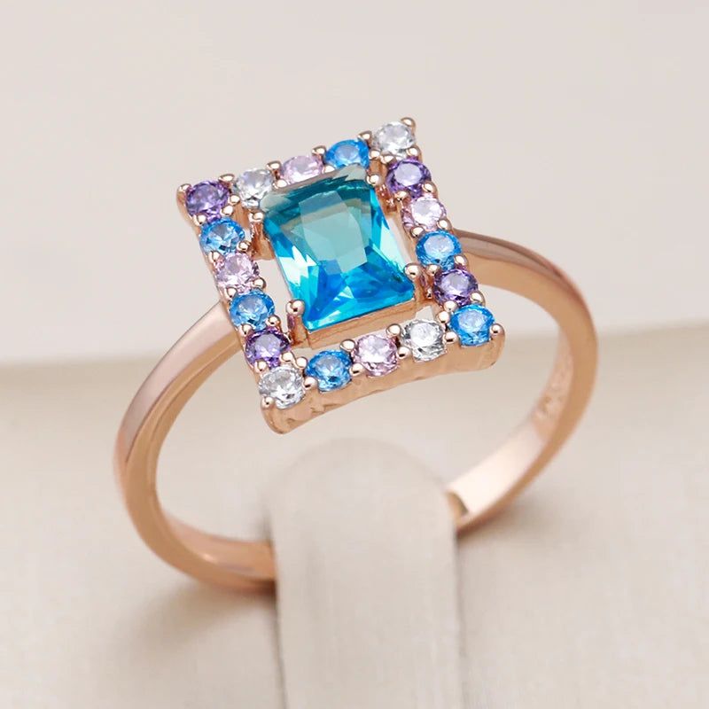 New 585 Rose Gold Square Cocktail Ring with Blue Natural Zircon - High-Quality Vintage Jewelry