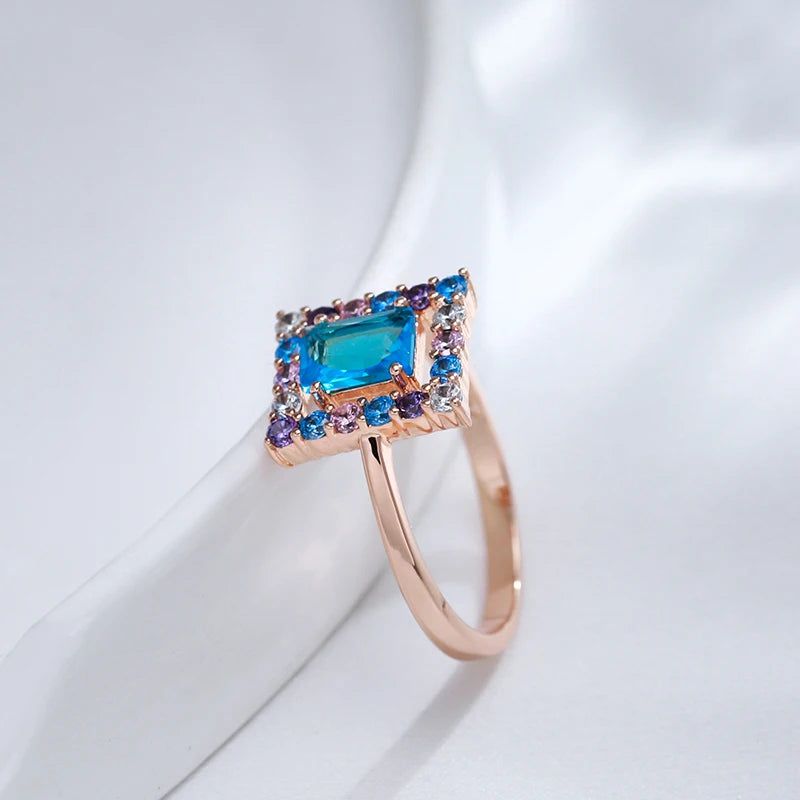 New 585 Rose Gold Square Cocktail Ring with Blue Natural Zircon - High-Quality Vintage Jewelry