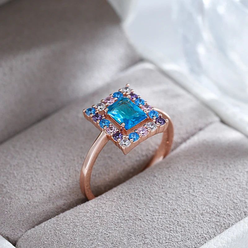 New 585 Rose Gold Square Cocktail Ring with Blue Natural Zircon - High-Quality Vintage Jewelry