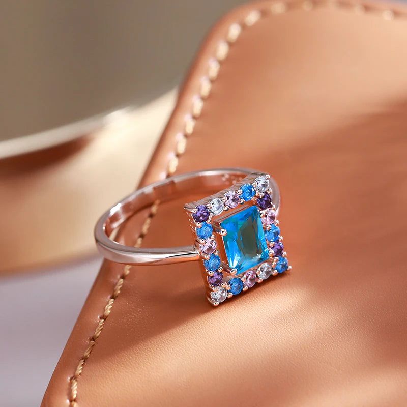 New 585 Rose Gold Square Cocktail Ring with Blue Natural Zircon - High-Quality Vintage Jewelry