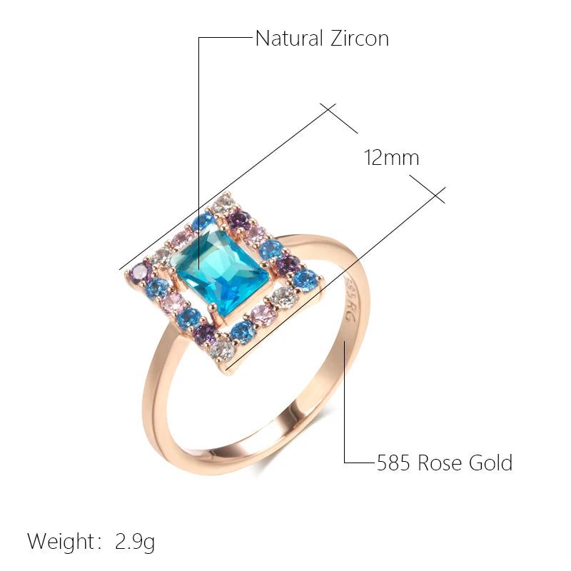 New 585 Rose Gold Square Cocktail Ring with Blue Natural Zircon - High-Quality Vintage Jewelry