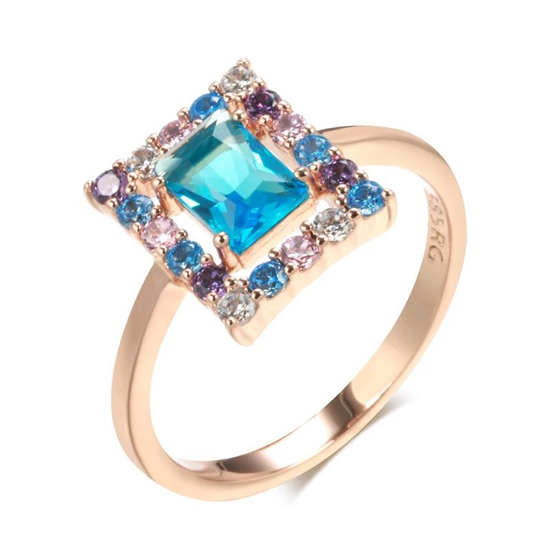 New 585 Rose Gold Square Cocktail Ring with Blue Natural Zircon - High-Quality Vintage Jewelry