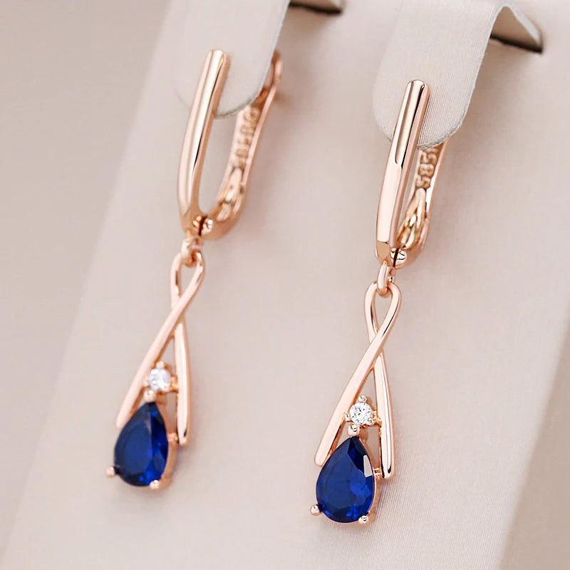 New Elegant 585 Rose Gold Geometric Dangle Earrings with Blue Natural Zircon