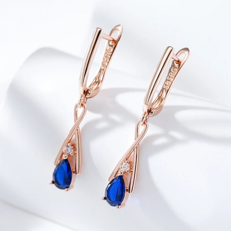 New Elegant 585 Rose Gold Geometric Dangle Earrings with Blue Natural Zircon