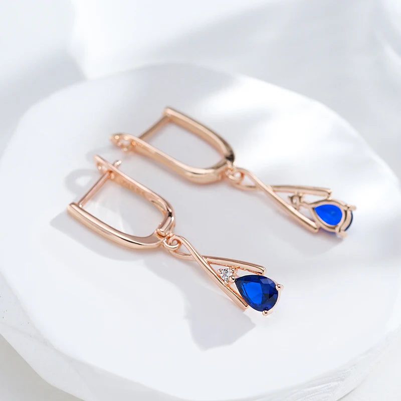 New Elegant 585 Rose Gold Geometric Dangle Earrings with Blue Natural Zircon