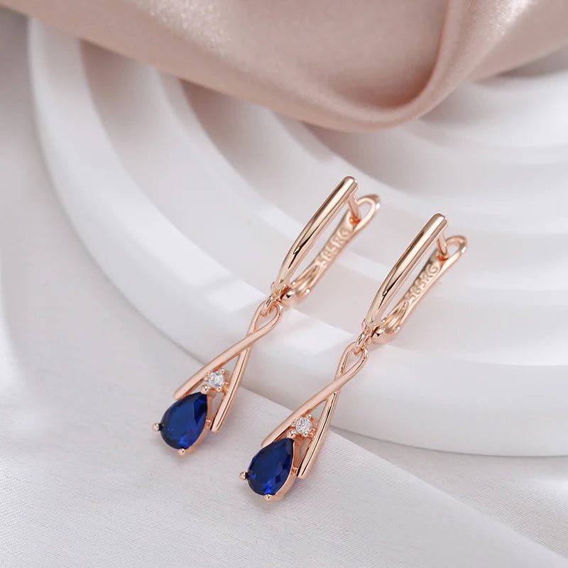 New Elegant 585 Rose Gold Geometric Dangle Earrings with Blue Natural Zircon