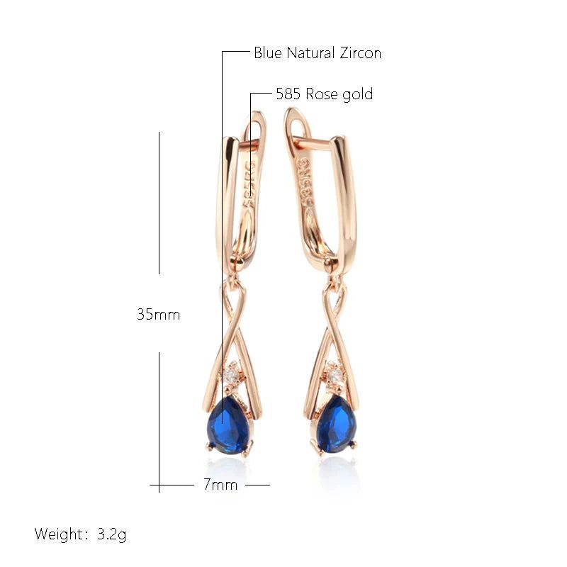 New Elegant 585 Rose Gold Geometric Dangle Earrings with Blue Natural Zircon