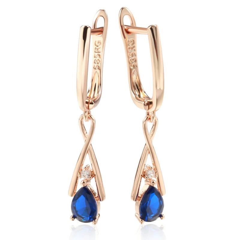 New Elegant 585 Rose Gold Geometric Dangle Earrings with Blue Natural Zircon