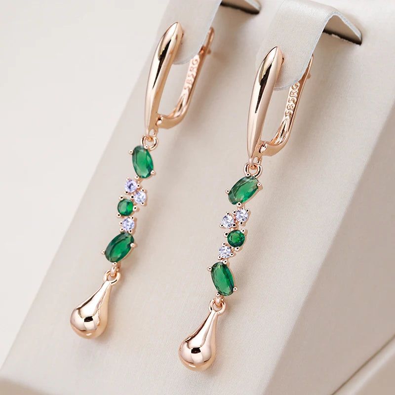 New Elegant 585 Rose Gold Long Dangle Earrings with Green Natural Zircon Leaf Design