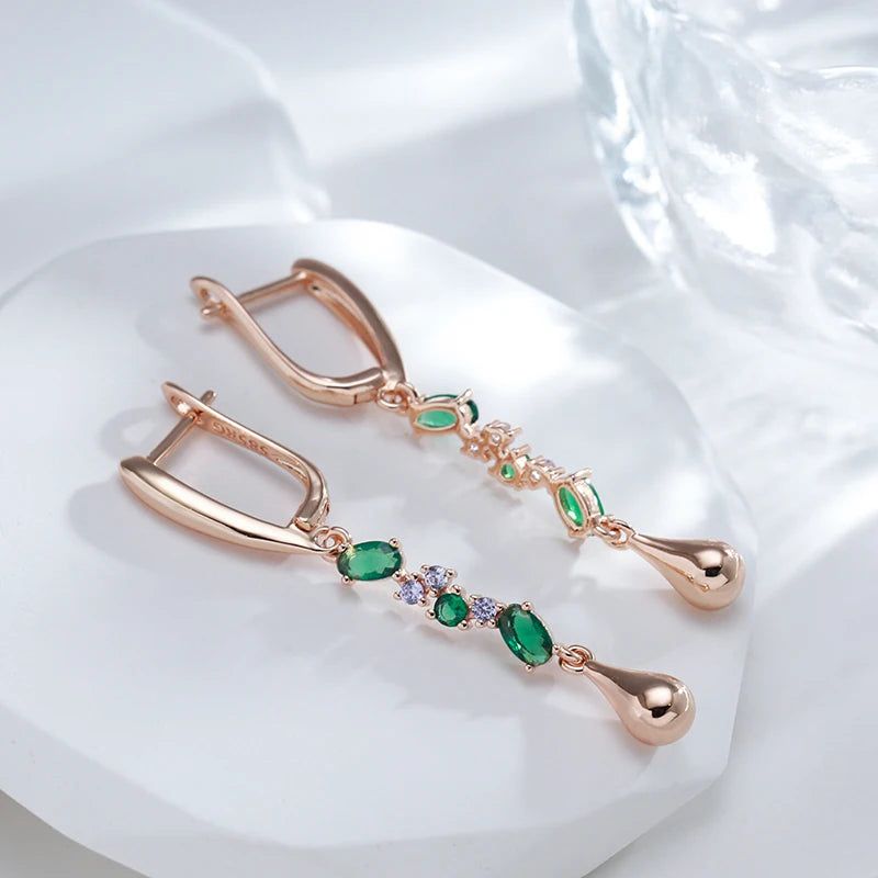 New Elegant 585 Rose Gold Long Dangle Earrings with Green Natural Zircon Leaf Design