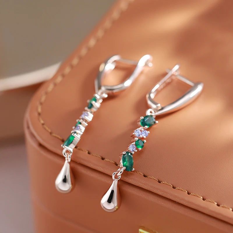 New Elegant 585 Rose Gold Long Dangle Earrings with Green Natural Zircon Leaf Design