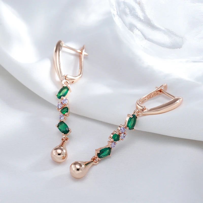 New Elegant 585 Rose Gold Long Dangle Earrings with Green Natural Zircon Leaf Design