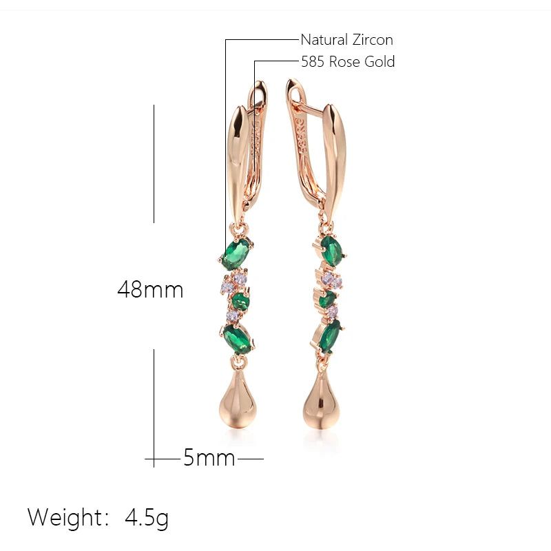 New Elegant 585 Rose Gold Long Dangle Earrings with Green Natural Zircon Leaf Design